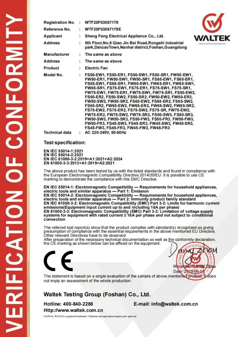 Una imagen completa de un Certificado de Conformidad emitido por Waltek. El documento certifica que el "Electric Fan" (Ventilador Eléctrico) del fabricante Sheng Feng Electrical Appliance Co., Ltd., cumple con las directivas de la UE, permitiendo el uso del marcado CE. El certificado enumera una larga lista de números de modelo y las especificaciones técnicas probadas, incluyendo las normas EN IEC 55014 y EN 61000.