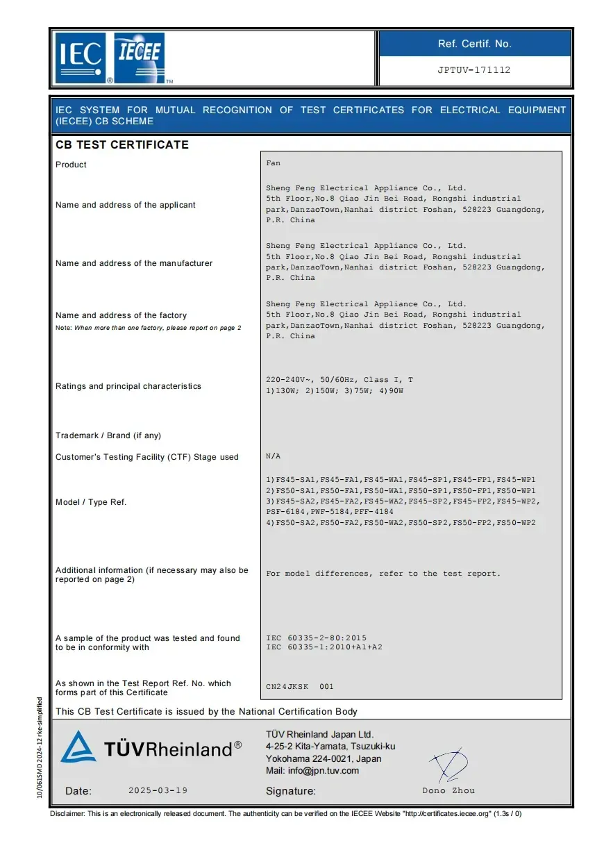Una imagen de un Certificado de Prueba CB oficial del esquema IECEE, emitido por TÜV Rheinland con fecha de 19 de marzo de 2025. El documento certifica que el producto "Fan" (Ventilador) del fabricante Sheng Feng Electrical Appliance Co., Ltd. cumple con las normas de seguridad internacionales IEC, como la IEC 60335-2-80:2015.