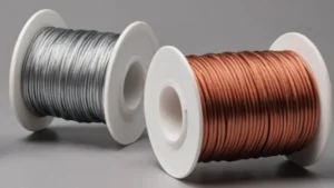 Una comparación visual de las dos materias primas principales utilizadas en la fabricación de motores eléctricos. La imagen muestra un carrete de alambre de aluminio (plateado), rentable, junto a un carrete de alambre de cobre (marrón rojizo) de alta conductividad, ilustrando las opciones de materiales disponibles para los bobinados de motores de ventiladores y transformadores.