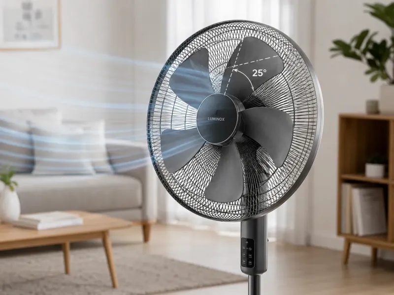 Ventilador doméstico moderno de pie con cinco aspas grises, rejilla protectora circular y un indicador visual de ángulo de inclinación de 25 grados sobre una de las aspas. La imagen muestra líneas suaves de flujo de aire saliendo del ventilador en una sala luminosa, destacando el diseño de las aspas, el control del caudal de aire y el equilibrio entre rendimiento y bajo ruido.