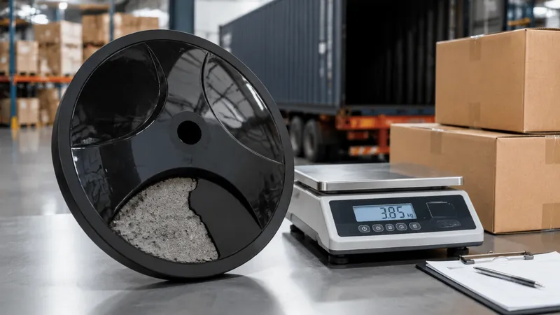 Imagen de una base pesada de ventilador de pie junto a una báscula, cajas de envío y un contenedor, mostrando cómo el peso de la base puede influir en el costo logístico, el flete internacional y el cálculo del peso volumétrico.