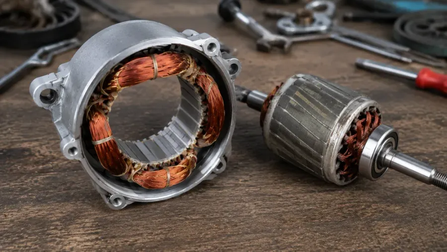 Motor de ventilador desmontado sobre una mesa de trabajo, con el estator abierto, bobinas de cobre visibles y el rotor colocado al lado para mostrar la estructura interna del motor.
