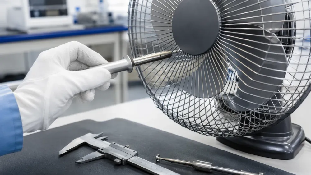 Primer plano de la rejilla metálica de un ventilador doméstico durante una inspección de seguridad en un laboratorio de certificación. Un ingeniero con guantes blancos introduce una sonda de dedo infantil IEC 61032 entre las aberturas de la rejilla para comprobar el acceso accidental a las aspas. Sobre la mesa se observan un calibrador vernier y otras herramientas de medición utilizadas para verificar la separación entre los alambres, la abertura libre de la rejilla y la distancia de seguridad hasta las aspas. La escena presenta materiales metálicos y plásticos realistas, iluminación natural, fondo limpio y estilo de fotografía industrial profesional.