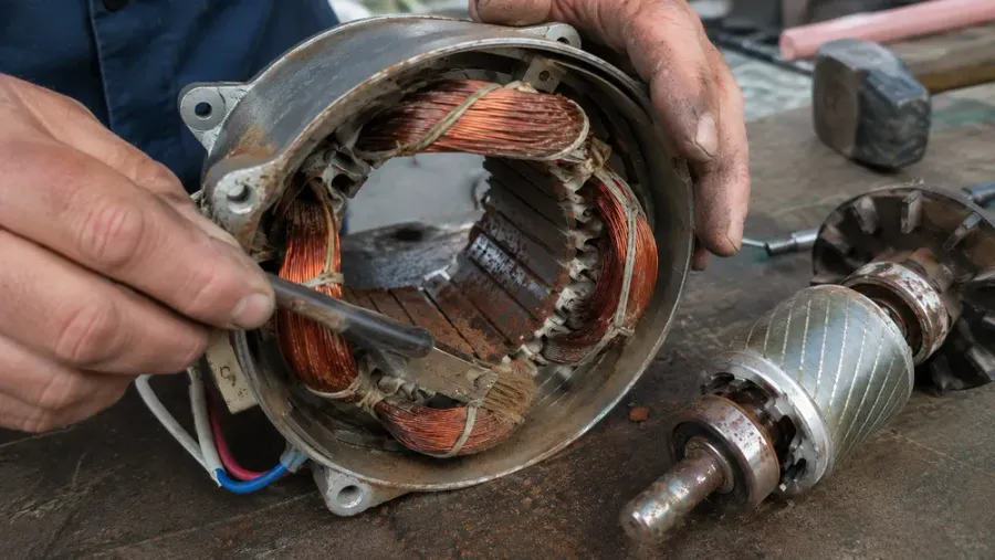Técnico limpiando el estator oxidado de un motor de ventilador desmontado con un cepillo, retirando polvo de óxido y suciedad de las bobinas de cobre y del núcleo metálico.