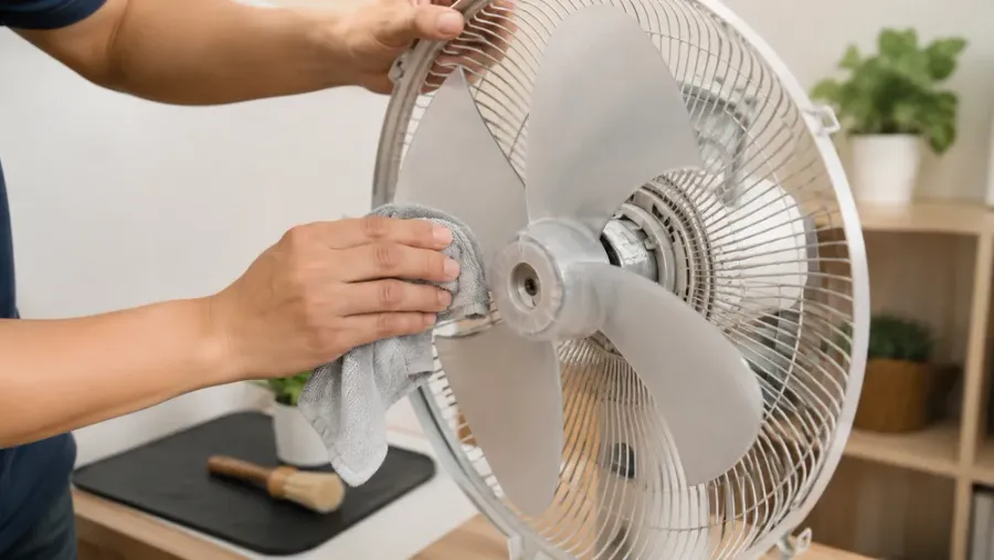Persona limpiando cuidadosamente las aspas y la zona del motor de un ventilador con un paño seco, como mantenimiento preventivo para evitar humedad, polvo y oxidación interna.