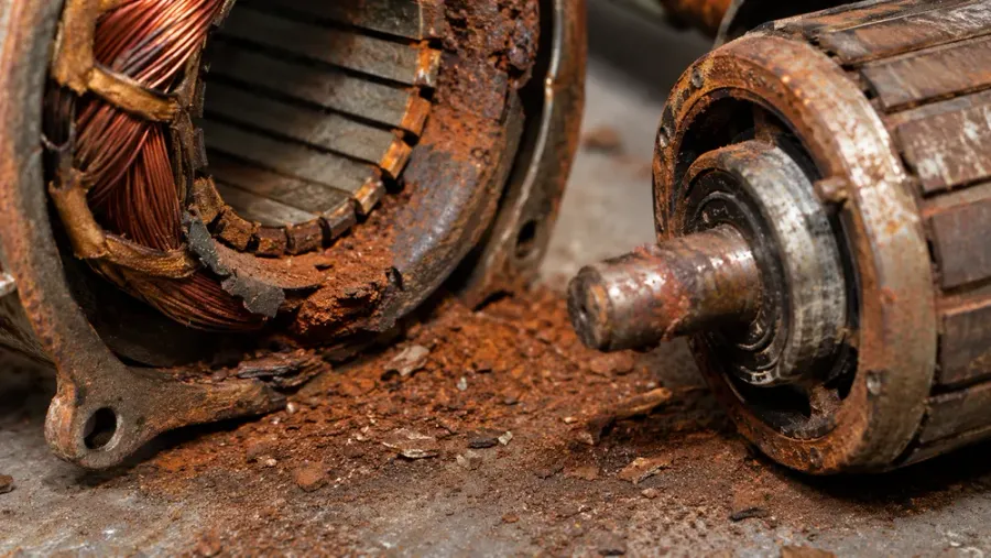 Primer plano de un motor de ventilador oxidado, con polvo de óxido, corrosión acumulada, bobinas de cobre y rotor deteriorado, mostrando el riesgo de desgaste, ruido y fallos internos.