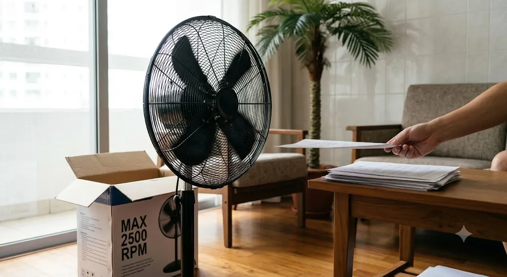 Una sala de estar moderna y soleada con un ventilador de pedestal negro en funcionamiento. A la izquierda del ventilador, hay una caja de cartón parcialmente abierta en el piso de madera, con el texto "MAX 2500 RPM" impreso de forma destacada. En primer plano, dos manos humanas sostienen dos hojas de papel blanco (instrucciones o garantía) sobre una pila de papeles en una mesa de centro de madera. El fondo incluye ventanas de piso a techo con vistas a un paisaje urbano borroso, una palmera en maceta grande y un sofá de tela gris.