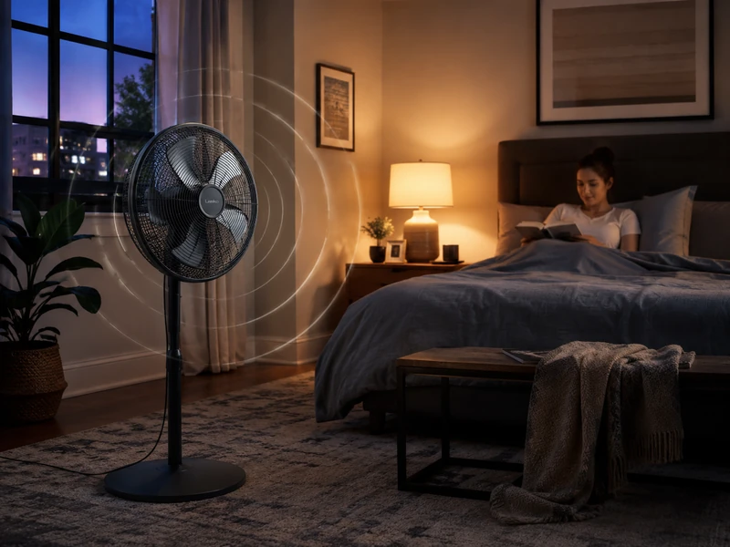 Ventilador doméstico de pie con cinco aspas funcionando en un dormitorio durante la noche, con una persona leyendo en la cama y ondas suaves alrededor del ventilador que representan el comportamiento del ruido y la comodidad acústica.