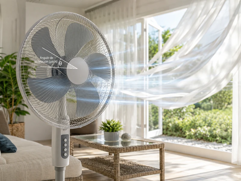Ventilador doméstico de pie con cinco aspas frente a una ventana abierta, mostrando líneas de flujo de aire y cortinas movidas por la brisa. La imagen ilustra cómo el ángulo de inclinación de las aspas influye en el caudal de aire y la dirección del viento.
