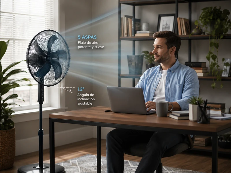 Ventilador de pie de cinco aspas en una oficina en casa, enviando un flujo de aire suave hacia una persona trabajando. La imagen representa el equilibrio entre caudal de aire, bajo nivel de ruido y comodidad en el uso diario