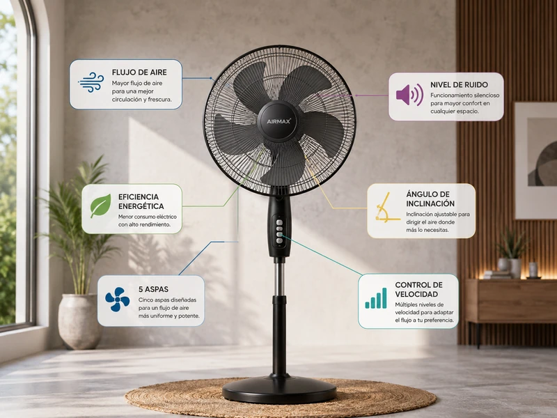 Ventilador doméstico de pie con cinco aspas y etiquetas informativas sobre flujo de aire, nivel de ruido, eficiencia energética, ángulo de inclinación, número de aspas y control de velocidad.