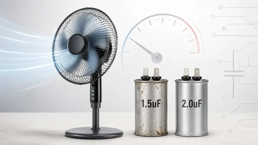 Ventilador de pie negro en funcionamiento junto a dos condensadores cilíndricos para motor, uno identificado como 1.5 µF con superficie envejecida y otro como 2.0 µF con acabado metálico nuevo. En el fondo aparecen un indicador de velocidad, líneas de flujo de aire y un esquema eléctrico simplificado que representan la pérdida de velocidad del ventilador, el envejecimiento del condensador y la diferencia de capacidad entre ambos componentes. Imagen técnica de estilo realista, limpia y moderna, diseñada para explicar por qué un ventilador puede girar más lentamente con el paso del tiempo.