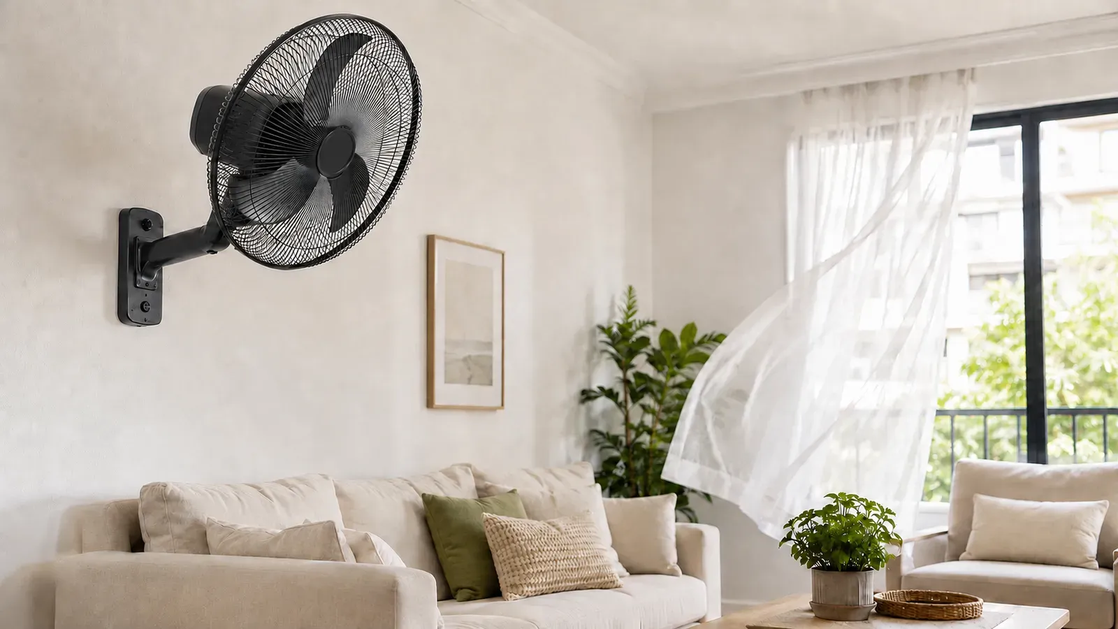 Ventilador oscilante de pared instalado en una sala de estar moderna y luminosa, con cortinas moviéndose suavemente por el flujo de aire.
