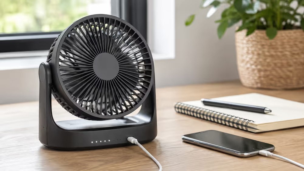 Ventilador recargable de mesa sobre un escritorio