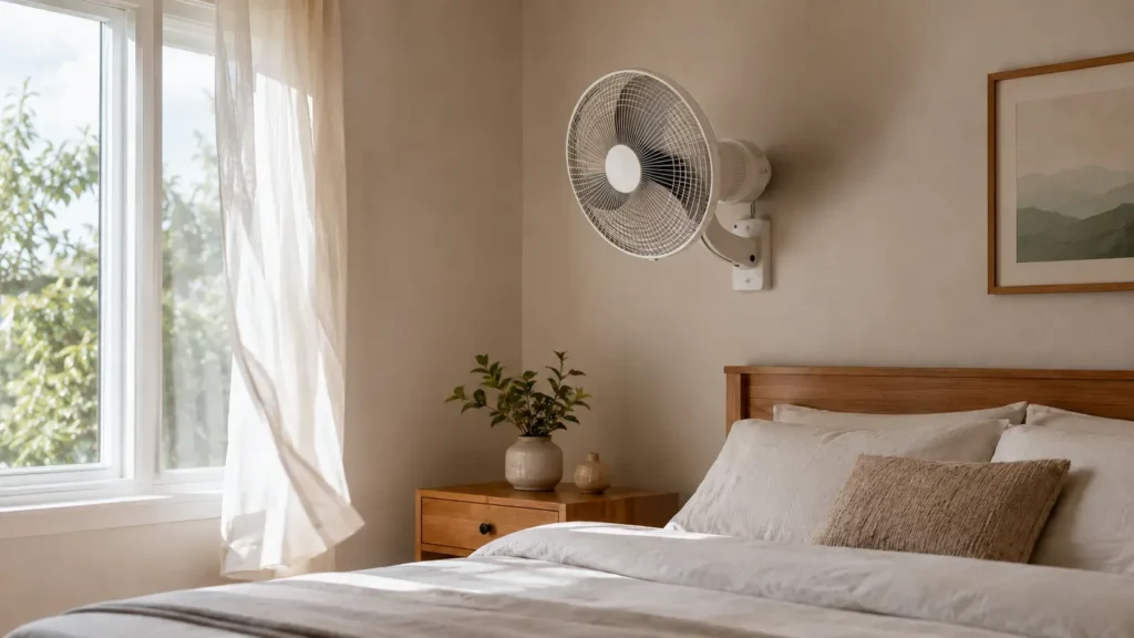 Ventilador de pared instalado por encima de la cama en un dormitorio acogedor, proporcionando refrigeración silenciosa sin ocupar espacio en el suelo.
