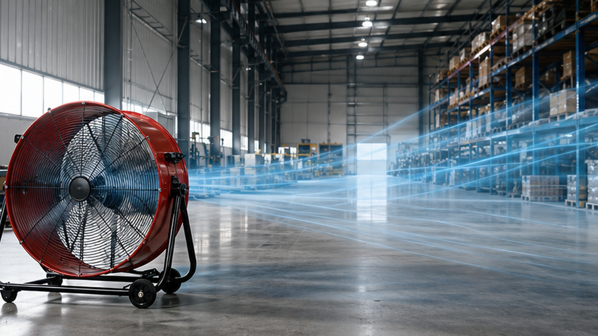 Ventilador de tambor industrial moviendo aire a larga distancia en un almacén
