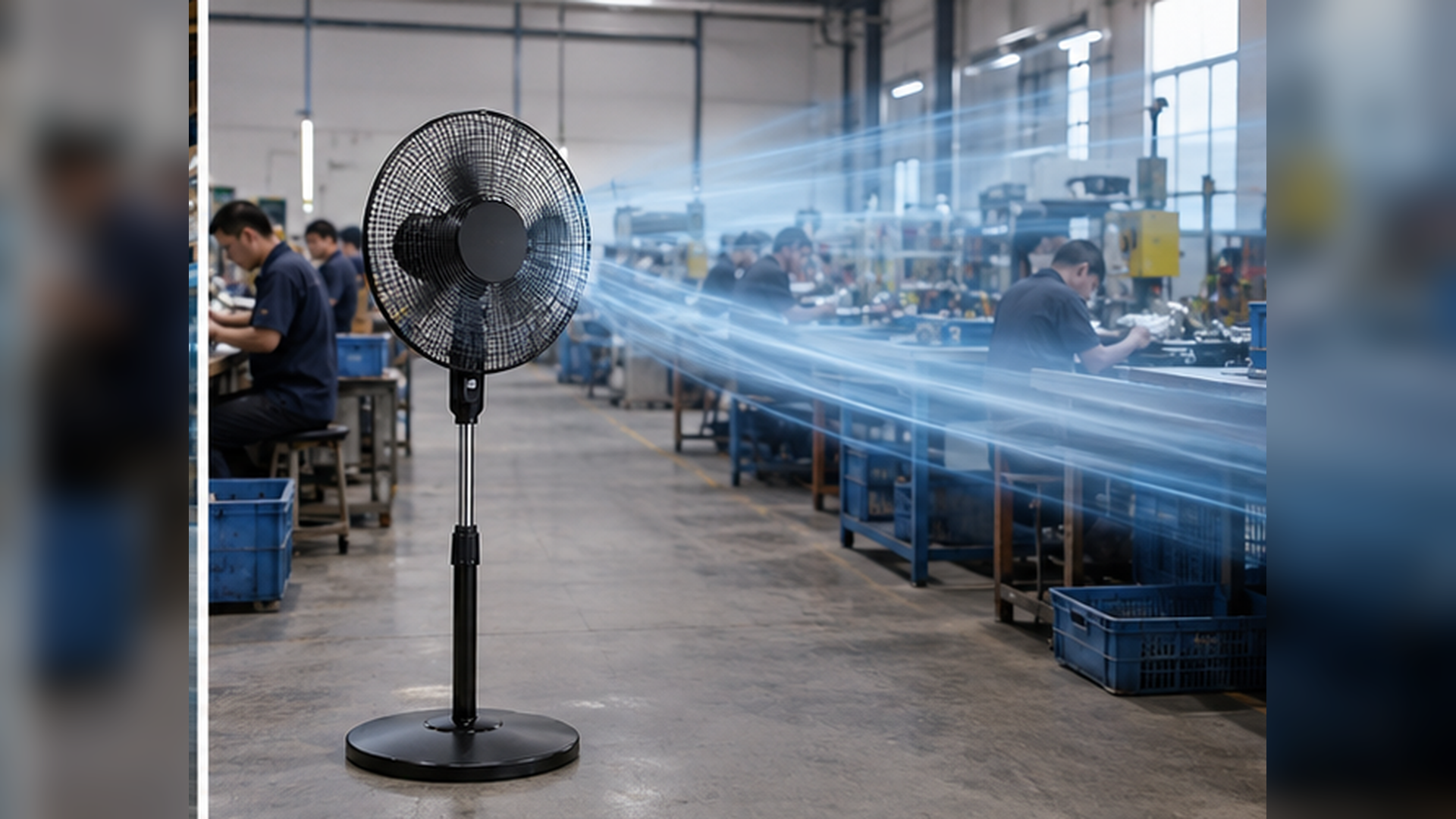 Ventilador de pie refrescando a trabajadores en un taller limpio