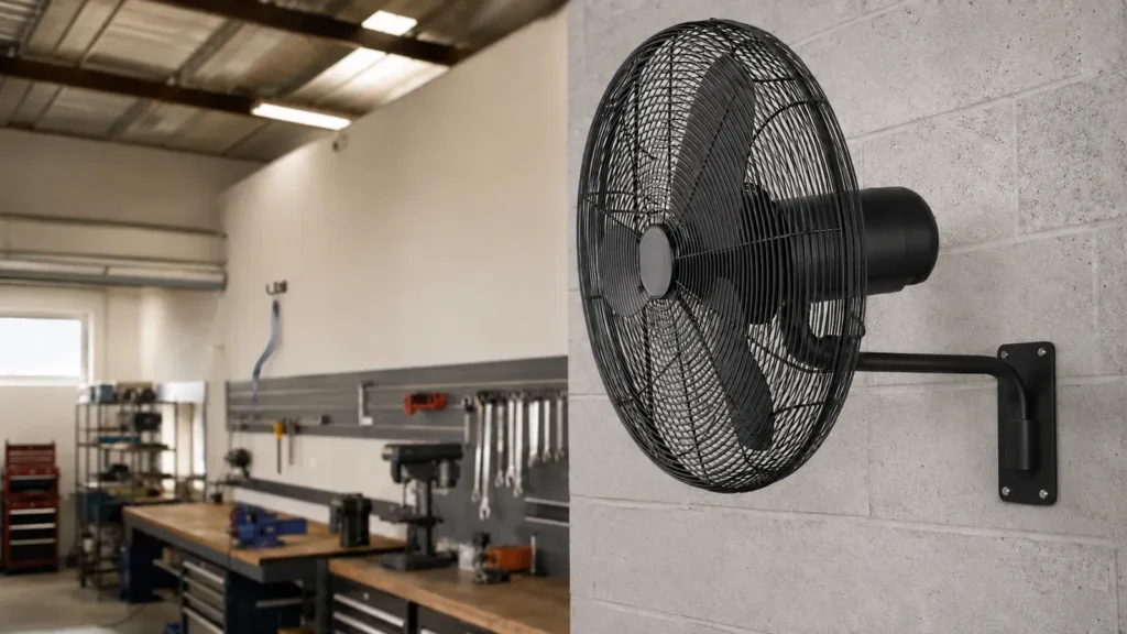 Ventilador grande de pared montado en lo alto de un garaje limpio, con banco de trabajo y herramientas al fondo.