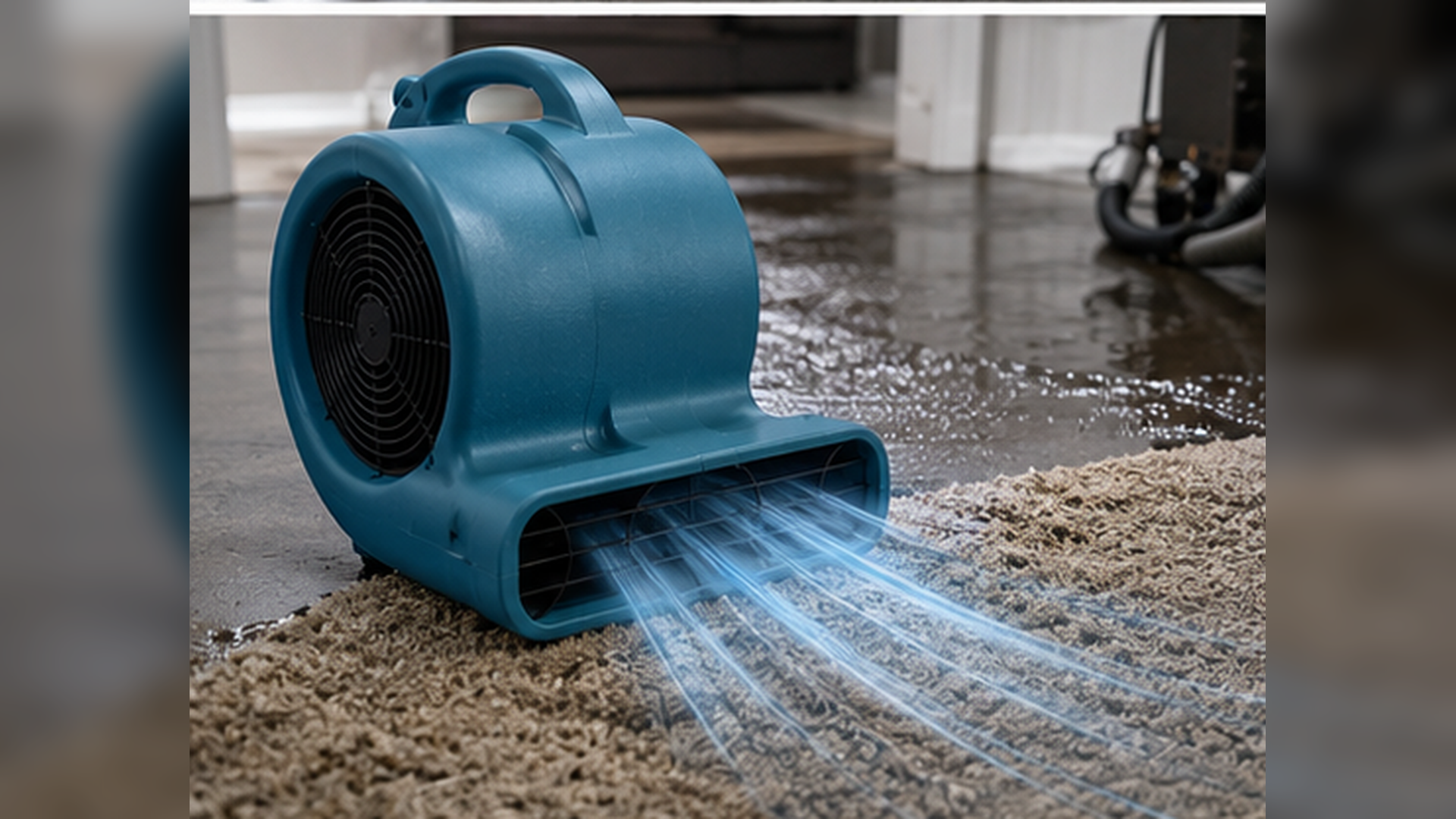 Soplador de aire compacto secando una alfombra mojada