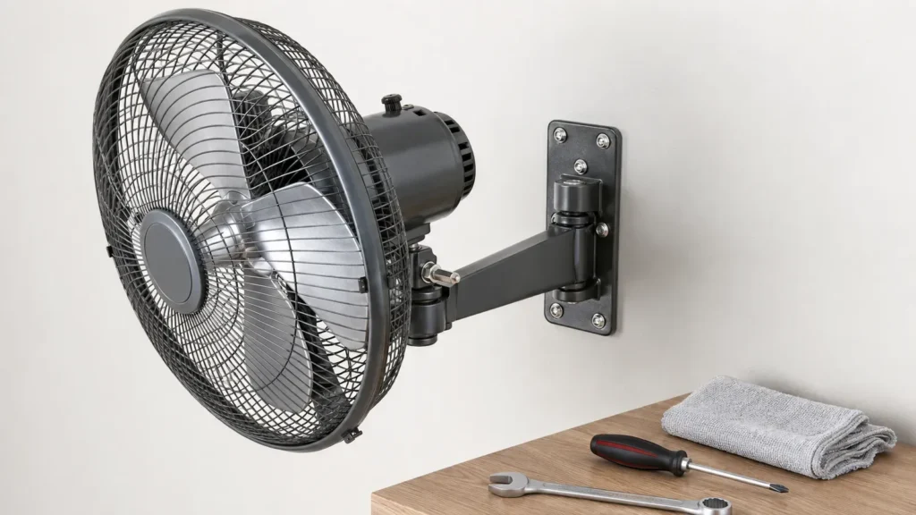 Primer plano del soporte de un ventilador de pared fijado con tornillos, mostrando el brazo de montaje, la rejilla y las herramientas de mantenimiento.