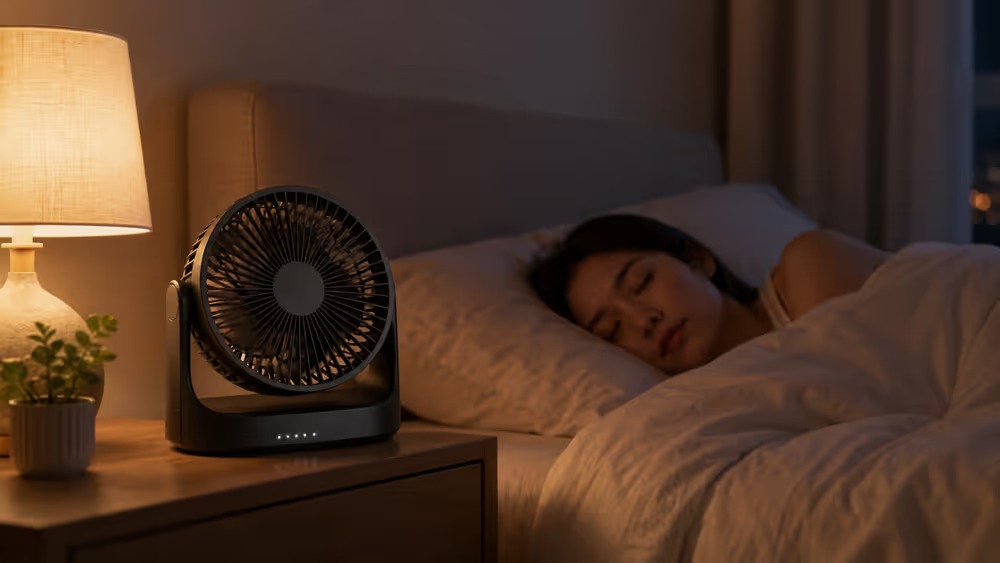 Ventilador recargable silencioso junto a una cama