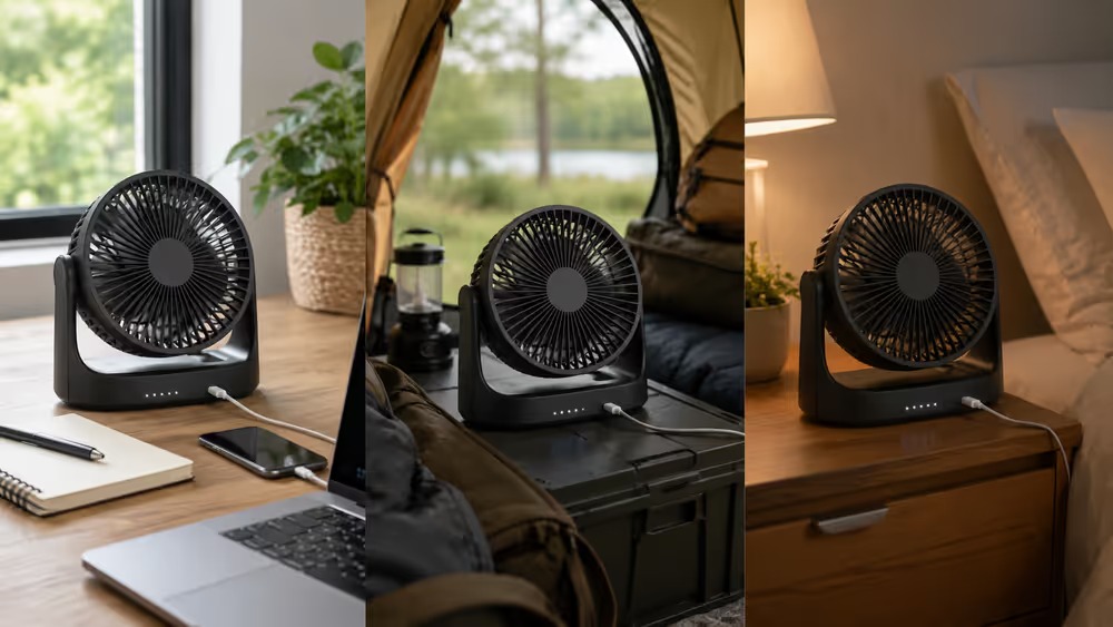 Usos de un ventilador recargable en escritorio, camping y dormitorio