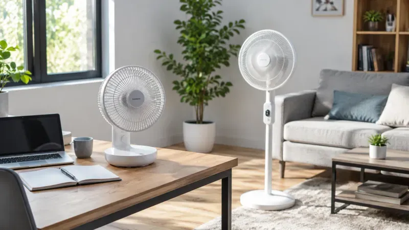 Interior moderno y luminoso de una vivienda con un ventilador de mesa compacto colocado sobre un escritorio de madera en primer plano, junto a una laptop, una taza y una libreta abierta. Al fondo se observa un ventilador de pie blanco cerca de un sofá gris, con plantas decorativas, estantería de madera y luz natural entrando por una ventana amplia. La imagen muestra una comparación visual entre un ventilador de mesa y un ventilador de pedestal para uso doméstico.