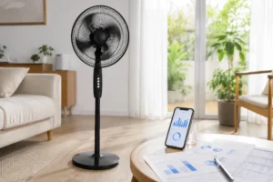 Ventilador de pie negro en funcionamiento dentro de una sala de estar moderna y luminosa durante el verano. En una mesa cercana aparecen varias facturas de electricidad y un teléfono móvil con gráficos de consumo energético. La escena muestra un ambiente doméstico limpio, ordenado y bien iluminado con luz natural, destacando el uso del ventilador y el control del gasto eléctrico.