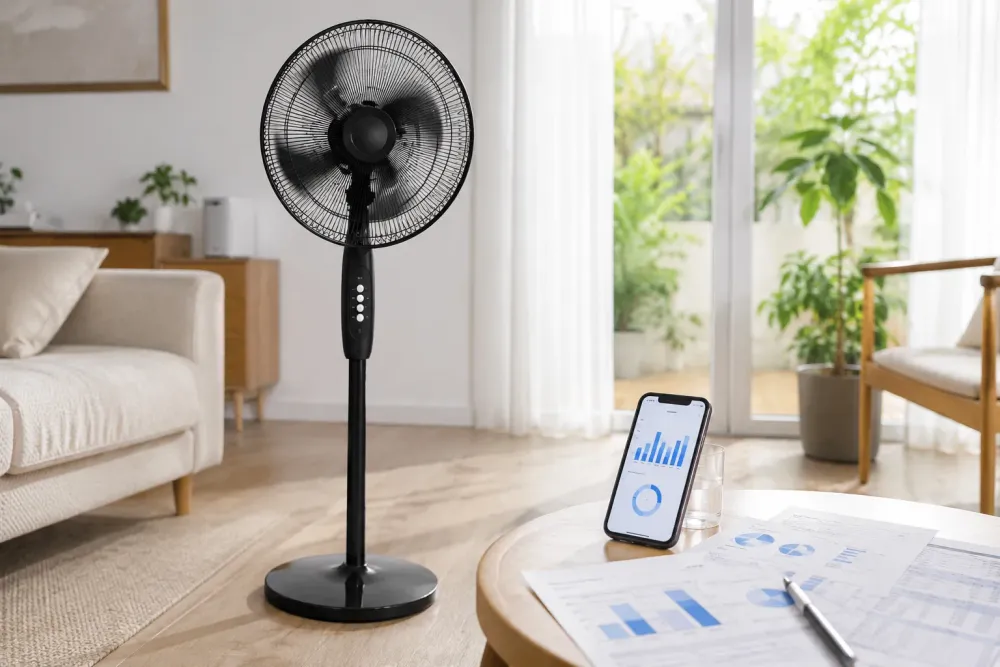 Ventilador de pie negro en funcionamiento dentro de una sala de estar moderna y luminosa durante el verano. En una mesa cercana aparecen varias facturas de electricidad y un teléfono móvil con gráficos de consumo energético. La escena muestra un ambiente doméstico limpio, ordenado y bien iluminado con luz natural, destacando el uso del ventilador y el control del gasto eléctrico.