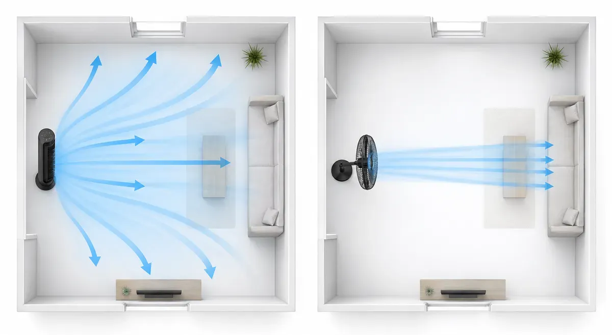 Comparación del flujo de aire de un ventilador de torre y un ventilador de pedestal para entender alcance, velocidad y distribución.