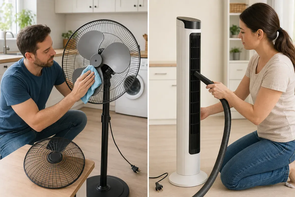 Proceso de limpieza de un ventilador de torre y un ventilador de pedestal para conservar buen rendimiento, higiene y seguridad.