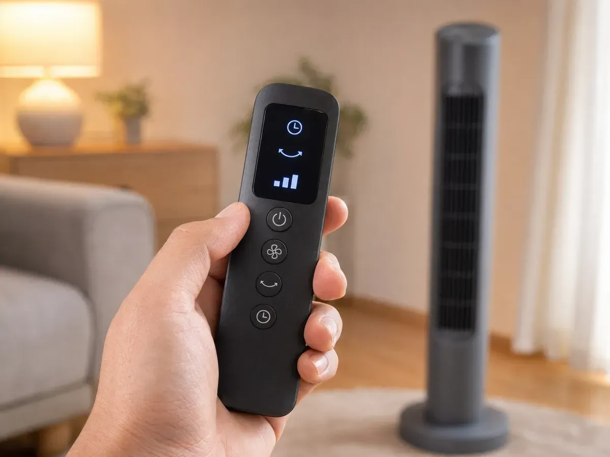 Mando a distancia de un ventilador con ajustes de temporizador, oscilación y velocidad para mejorar la comodidad de uso diario.