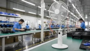 Ventilador recargable en una línea de producción dentro de una fábrica
