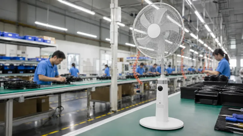 Ventilador recargable en una línea de producción dentro de una fábrica