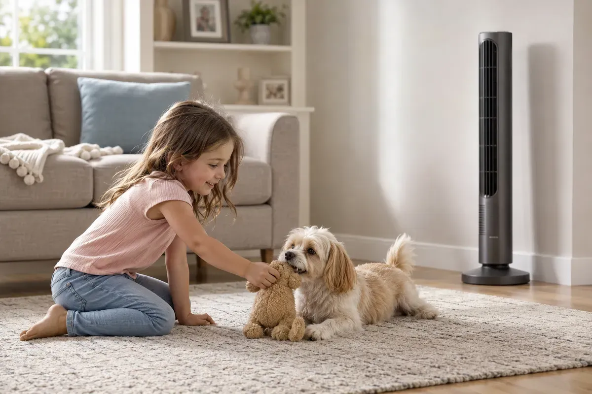 Ventilador de torre colocado en un hogar con niños y mascotas como opción compacta para reducir el acceso directo a las aspas.