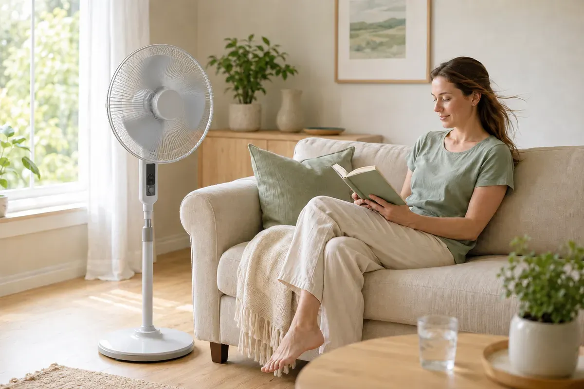 Ventilador de pie enfriando un salón luminoso con una corriente de aire directa hacia la zona de descanso.