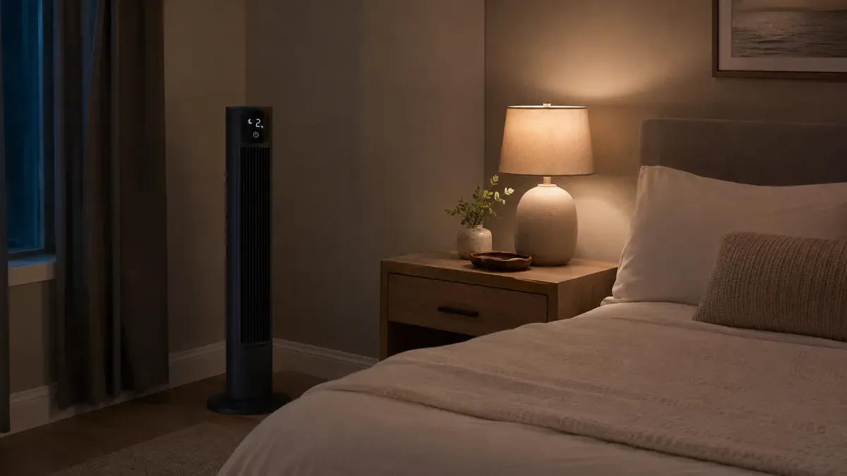 Ventilador de torre funcionando en un dormitorio durante la noche para mantener una ventilación suave y silenciosa al dormir.