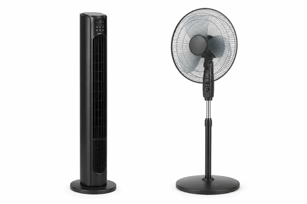 Comparación visual entre un ventilador de torre compacto y un ventilador de pie con rejilla para elegir según espacio y flujo de aire.