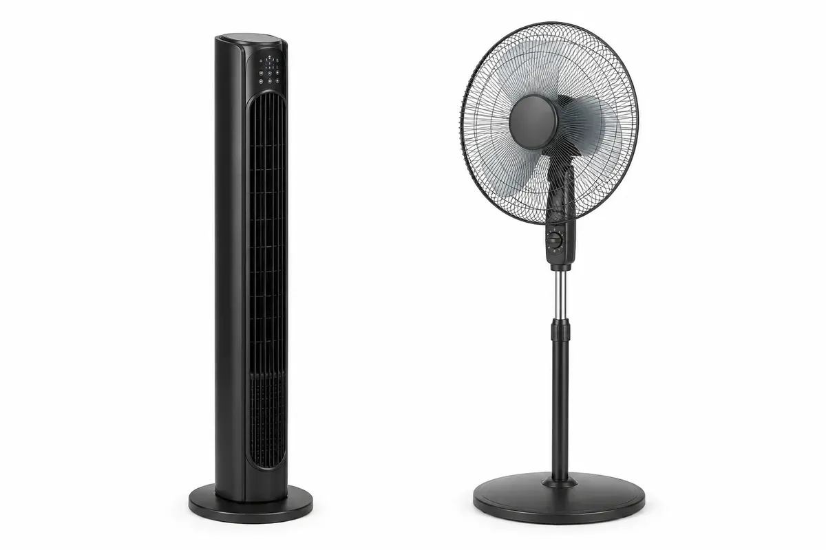 Comparación visual entre un ventilador de torre compacto y un ventilador de pie con rejilla para elegir según espacio y flujo de aire.