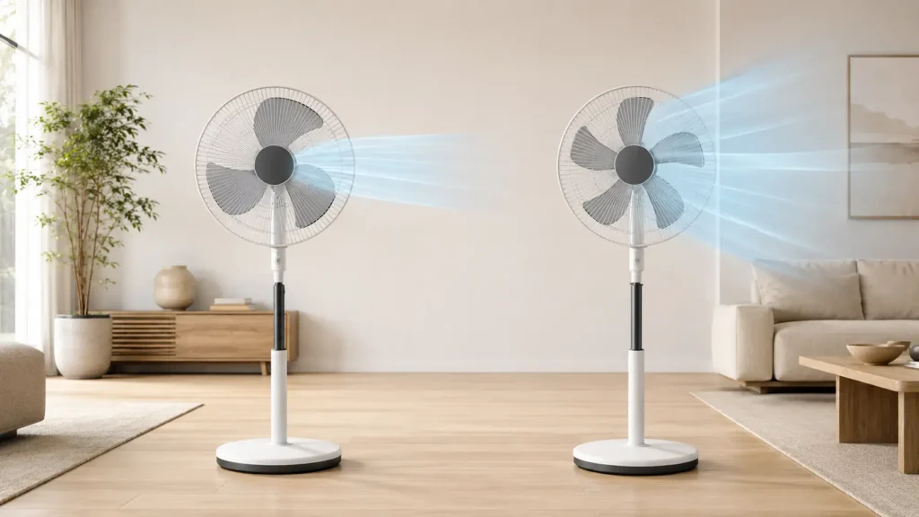 Comparación de dos ventiladores de pedestal en una sala moderna y luminosa: a la izquierda, un ventilador de tres aspas con un flujo de aire azul más concentrado y directo; a la derecha, un ventilador de cinco aspas con una corriente de aire más amplia, suave y uniforme.