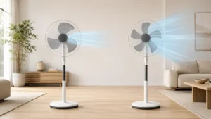 Comparación de dos ventiladores de pedestal en una sala moderna y luminosa: a la izquierda, un ventilador de tres aspas con un flujo de aire azul más concentrado y directo; a la derecha, un ventilador de cinco aspas con una corriente de aire más amplia, suave y uniforme.