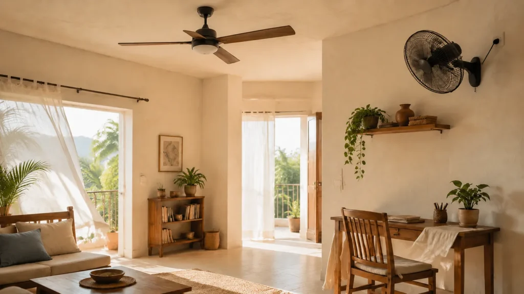 Interior luminoso de una vivienda de clima cálido con un ventilador de techo de aspas de madera en el centro y un ventilador de pared orientado hacia un escritorio, mostrando la diferencia entre la circulación general del aire y la ventilación localizada.